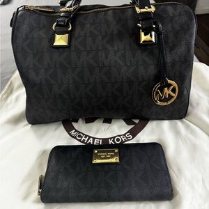 Michael Kors Black Satchel and Wallet Set with Gold Accents